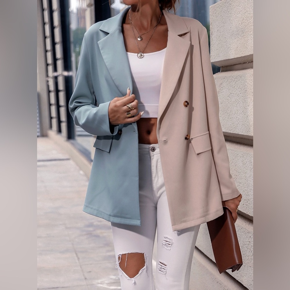 NEW! Color Block Two-Tone Oversized Double Breasted Blazer Jacket - Picture 2 of 6